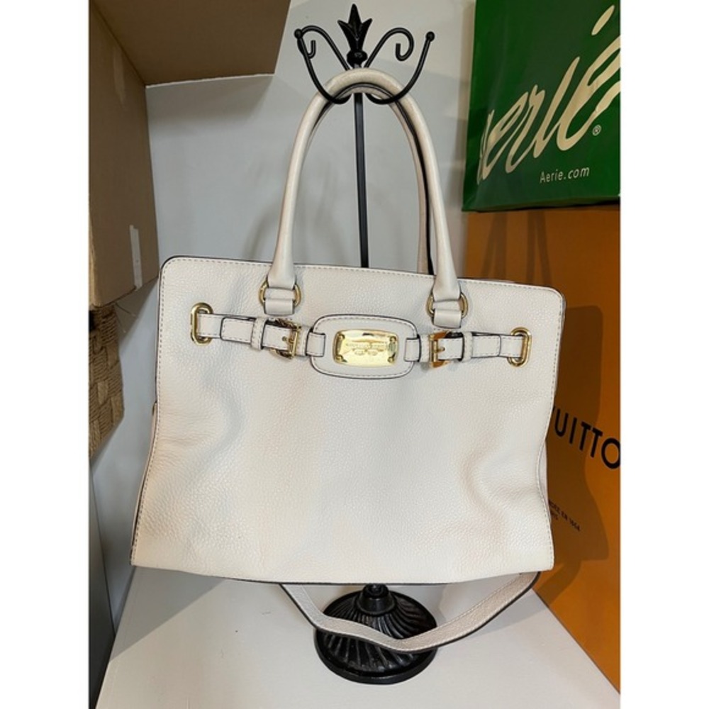 Michael Kors White Leather Tote Handbag Gold Hardware Studded Detail‎